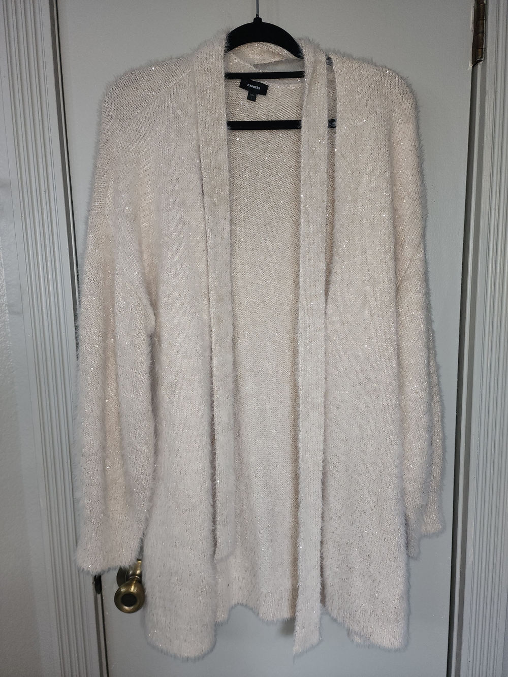 Express Cream Sparklepp Open-Front Fuzzy Cardigan